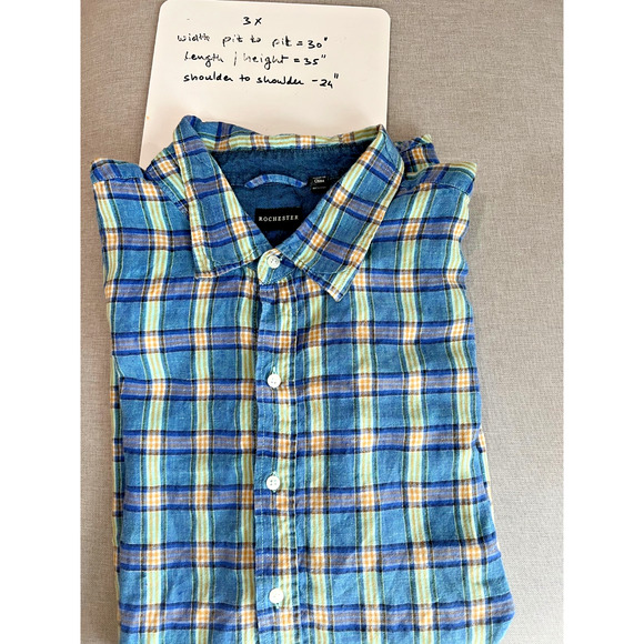 Rochester Shirt Mens Blue Plaid 100% Linen Button Up short sleeves Size-3X - Picture 5 of 8